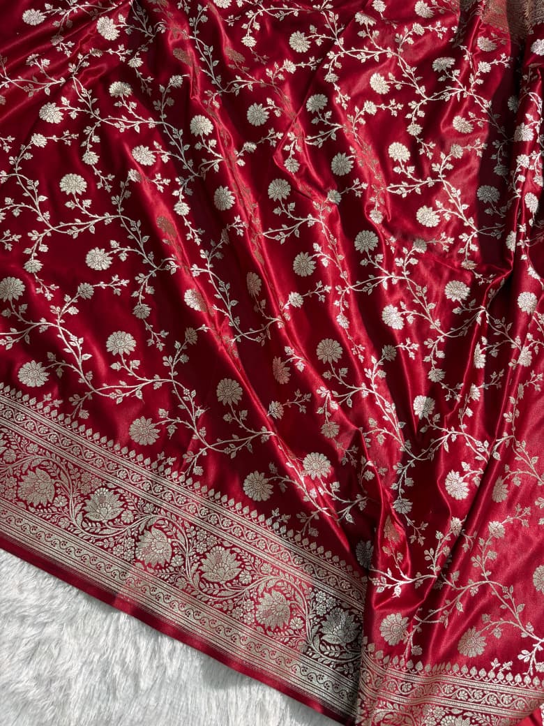 Deep Maroon Floral Jaal Satin Katan Silk Saree