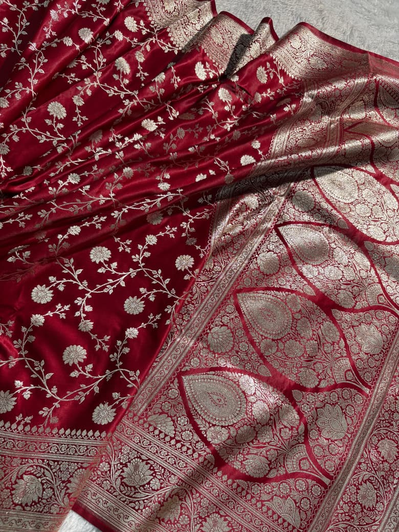 Deep Maroon Floral Jaal Satin Katan Silk Saree