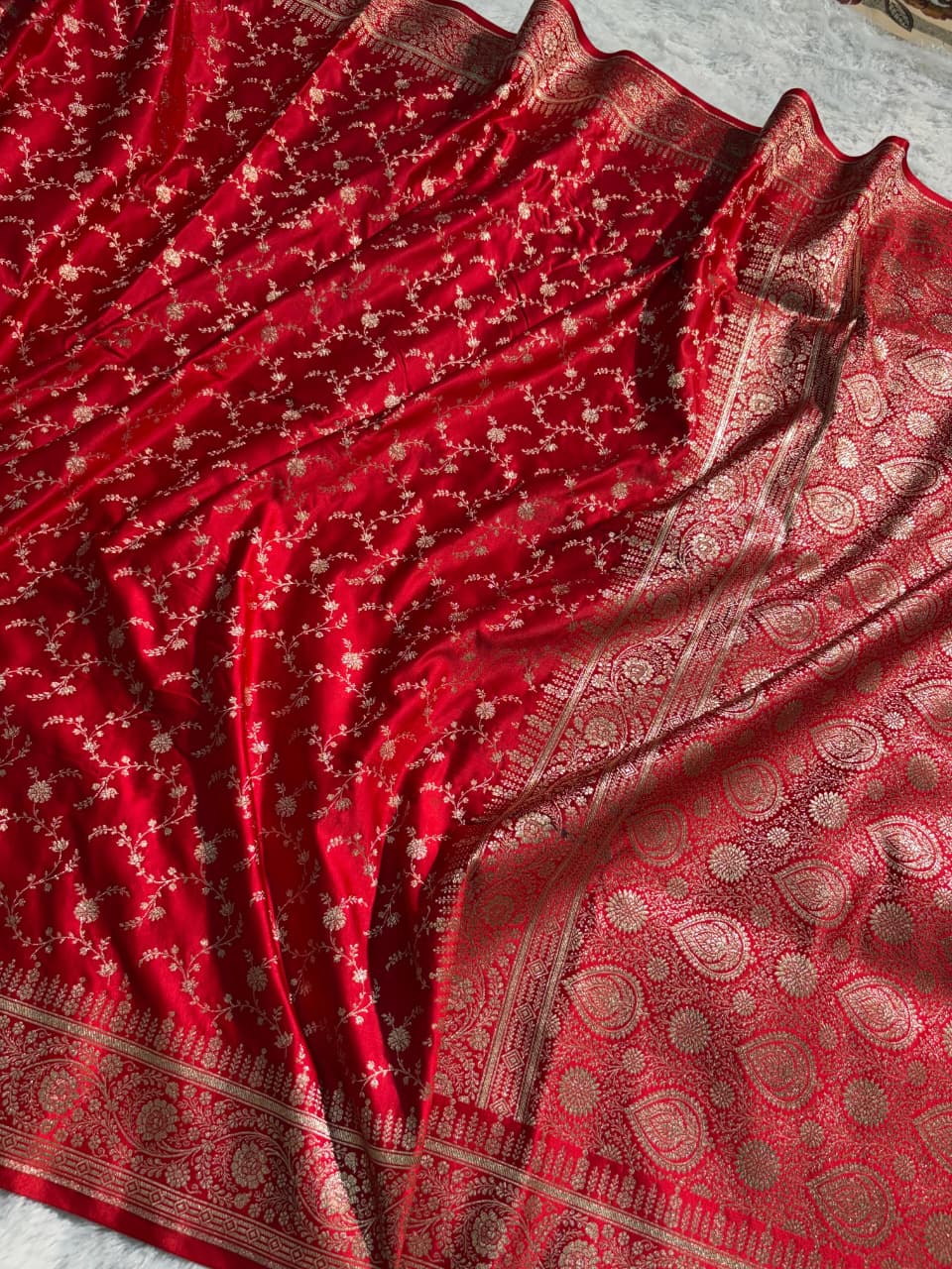 Bridal Red Floral Jaal Satin Katan Silk Saree