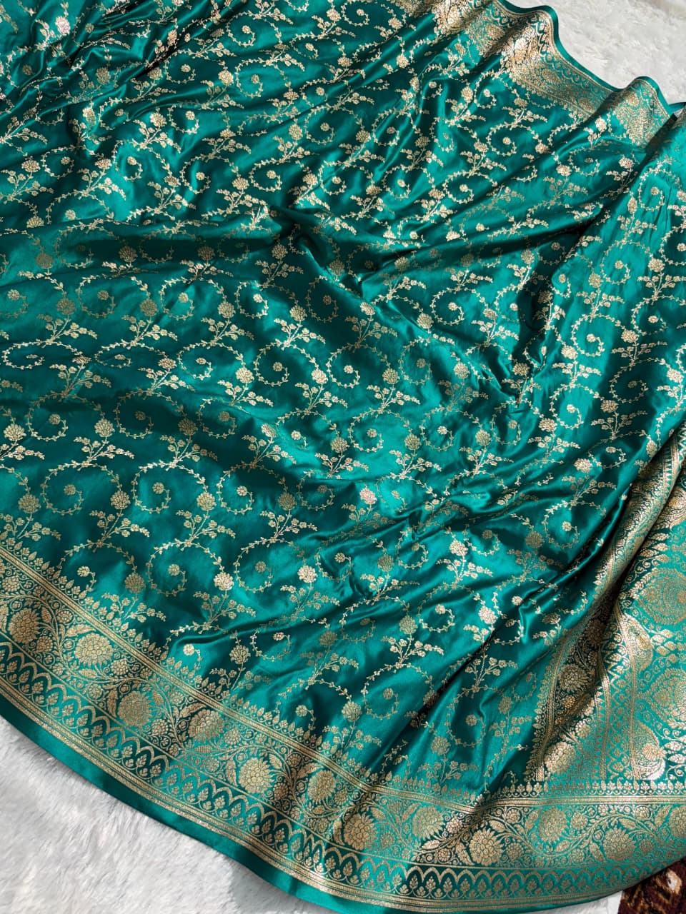 Bottle Green Floral Jaal Pattern Satin Katan Silk