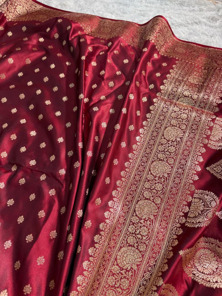Deep Maroon Booti Pattern Satin Katan Silk Saree
