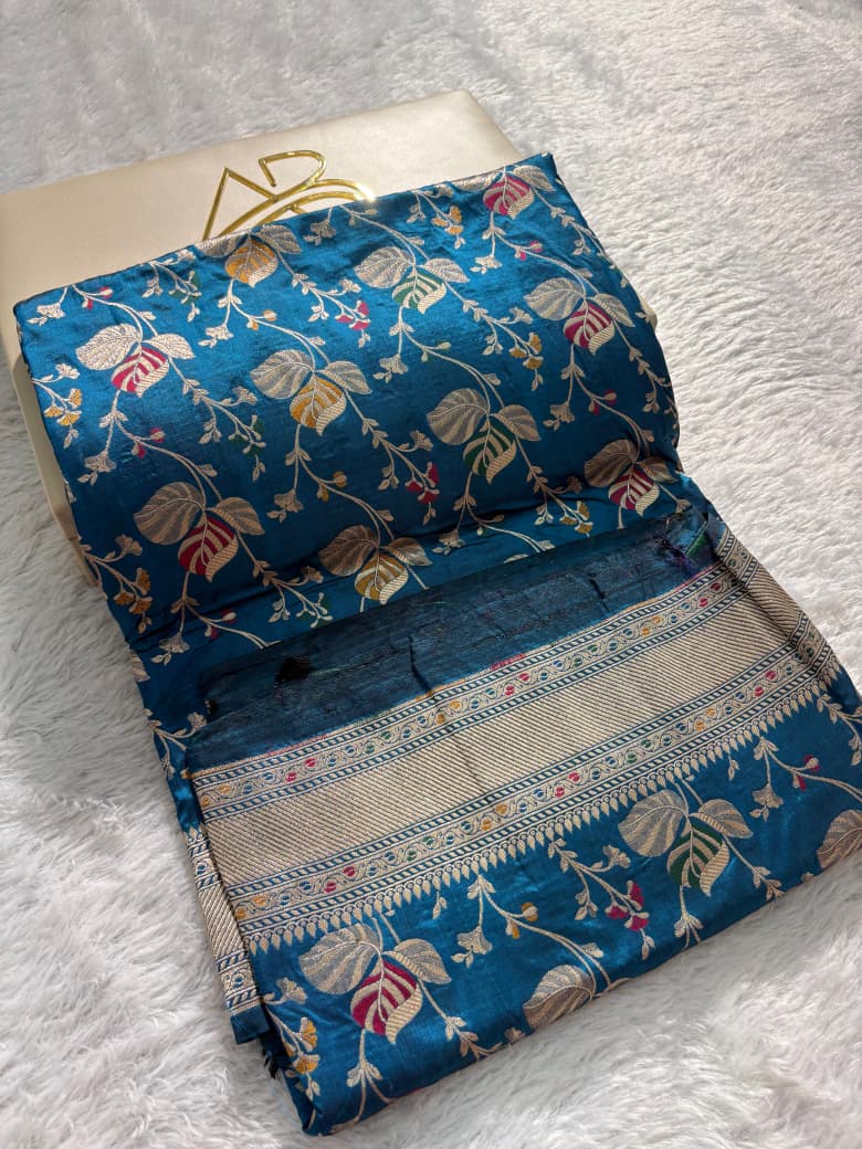 Blue Handwoven Pure Katan Meenakari Banarasi Saree