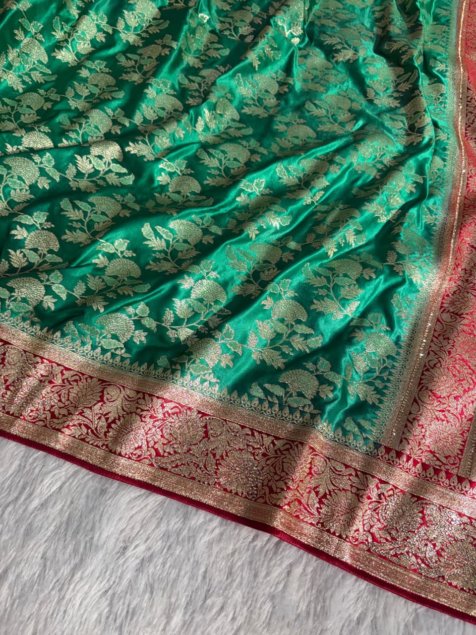 Bridal Green+Red Contrast Floral Satin Silk with swarovski work