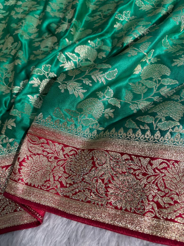 Bridal Green+Red Contrast Floral Satin Silk with swarovski work