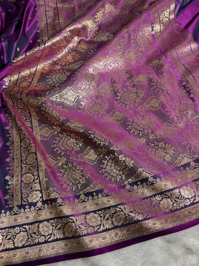 Satin Silk Floral Booti in Royal Purple Shades