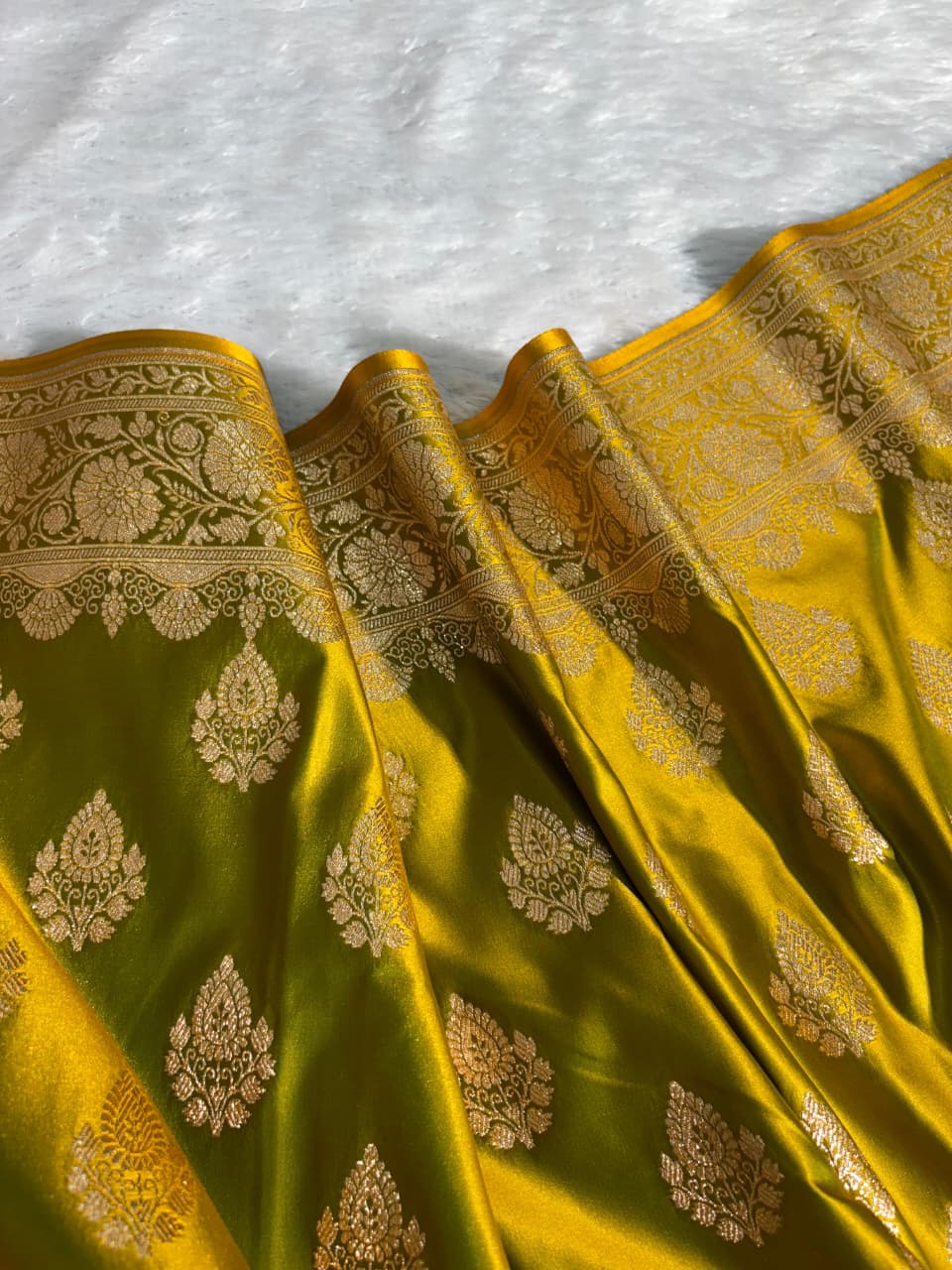 Mehandi Green Floral Boota Pattern Satin Katan Silk Saree