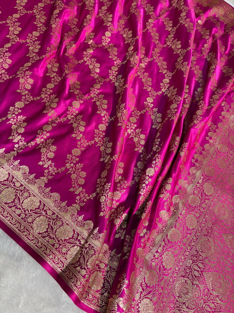 Rani Floral Cross Jaal Satin Silk Saree