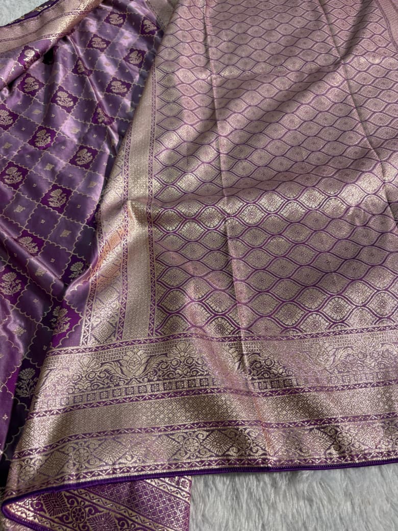 Deep Purple Checkered Floral Pattern Mashru Silk Saree