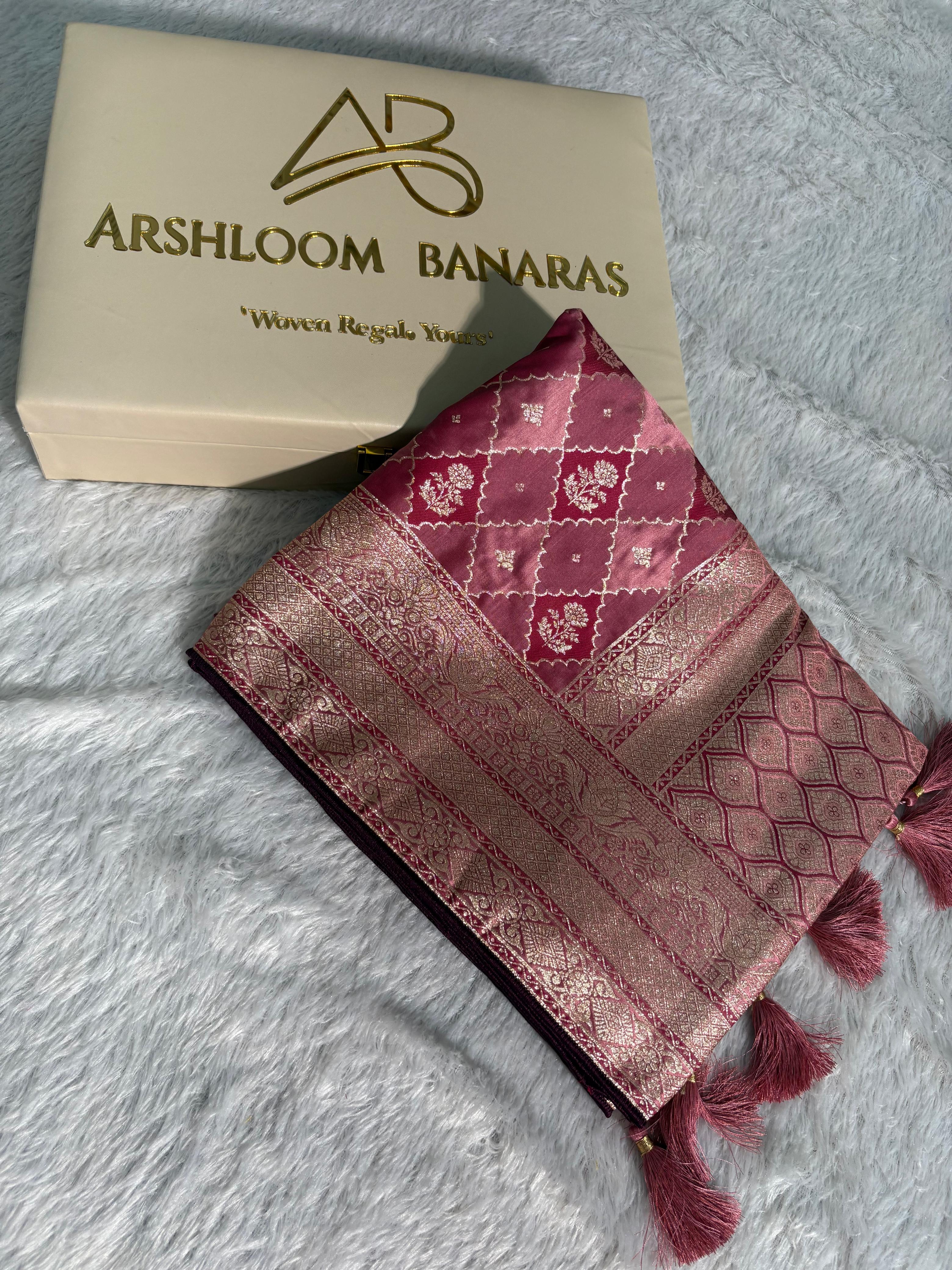 Mauve Pink Checkered Floral Mashru Silk Saree