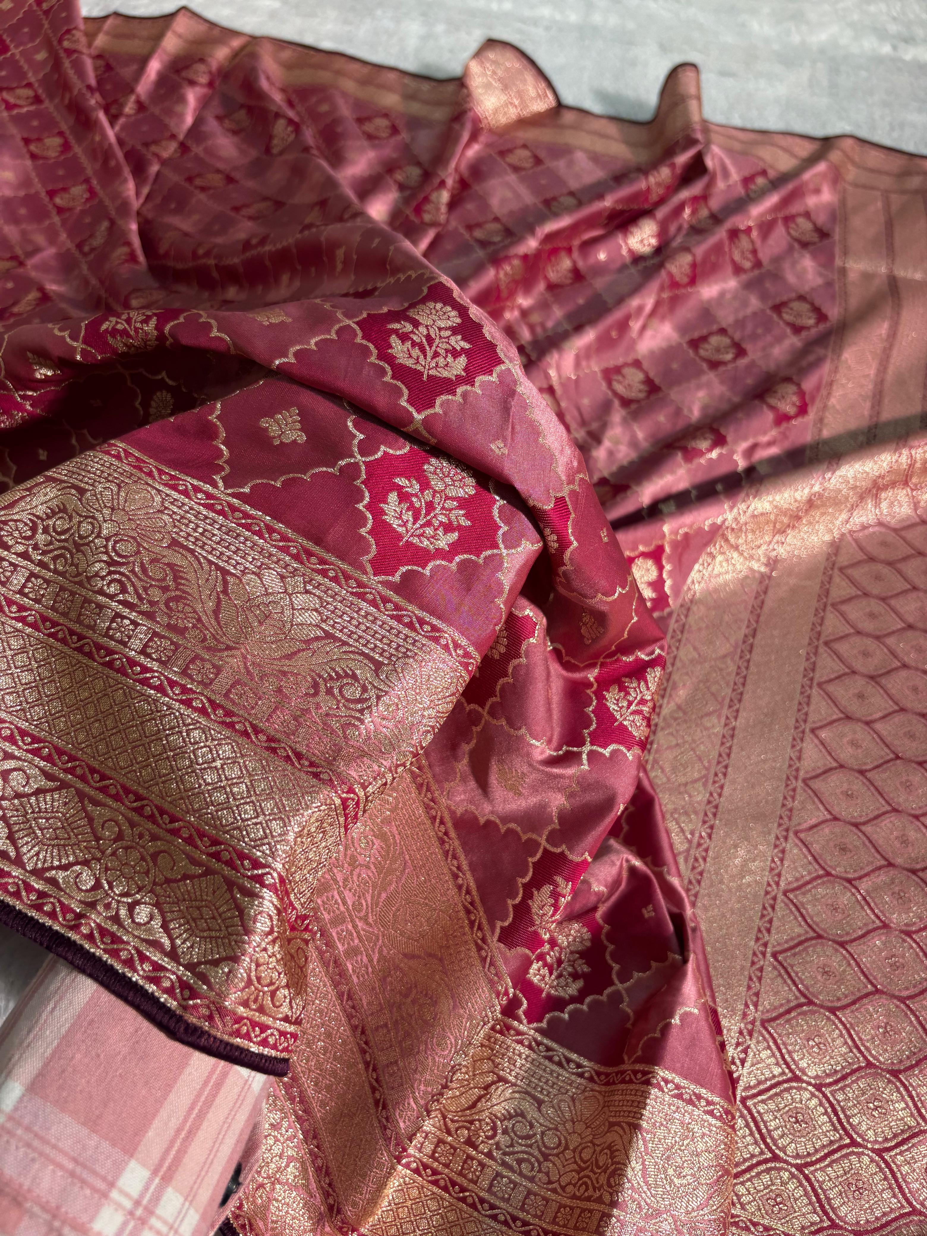 Mauve Pink Checkered Floral Mashru Silk Saree