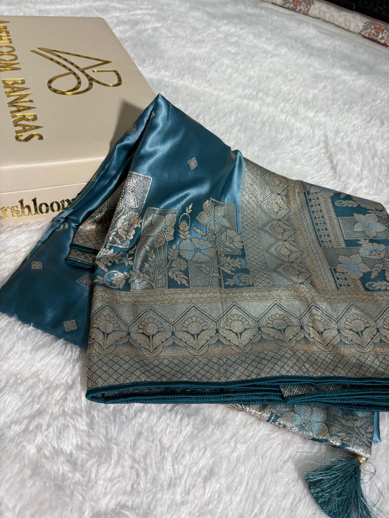 Teal Blue Floral & Booti Pattern Mashru Silk Saree