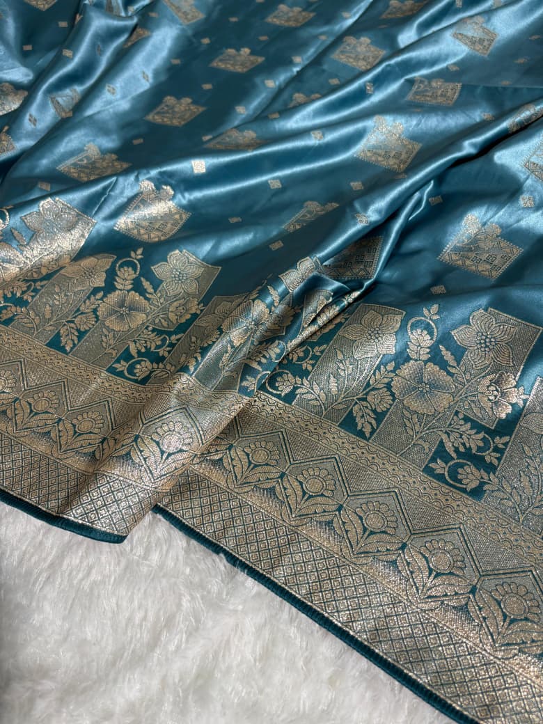 Teal Blue Floral & Booti Pattern Mashru Silk Saree