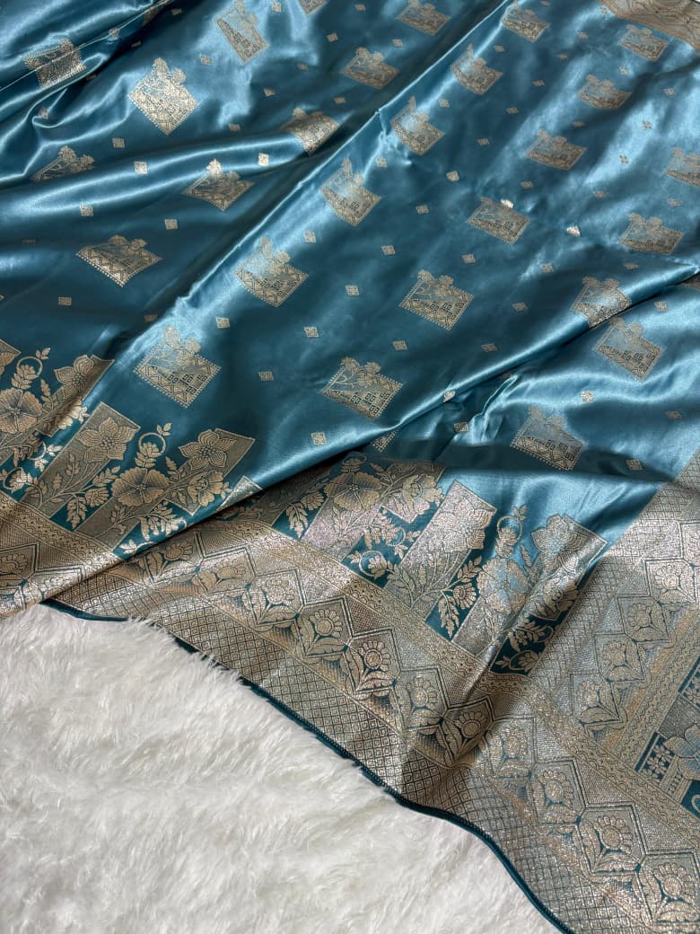 Teal Blue Floral & Booti Pattern Mashru Silk Saree