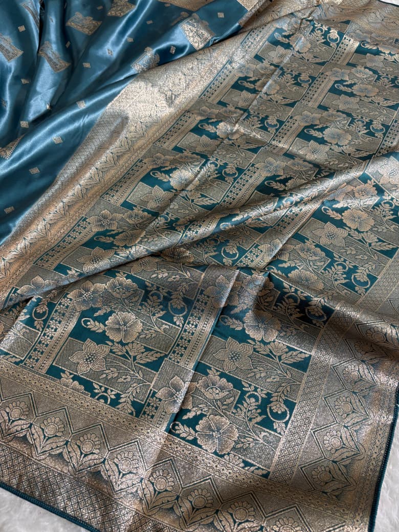 Teal Blue Floral & Booti Pattern Mashru Silk Saree