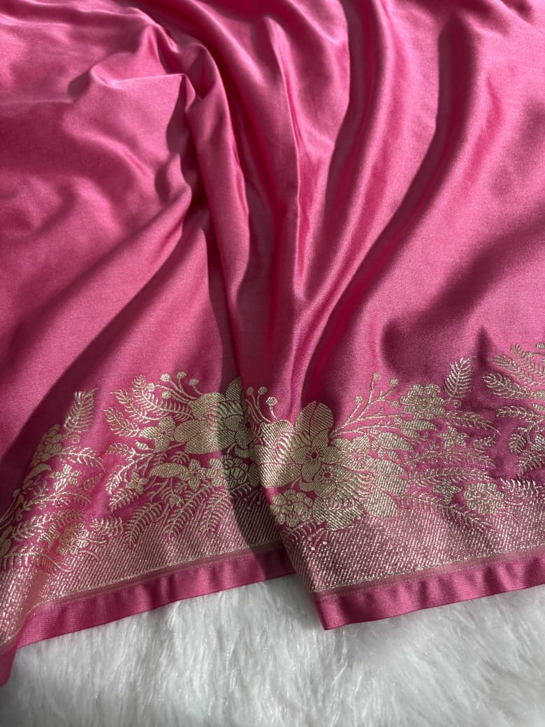 Bright Pink Plain Mashru Silk Saree