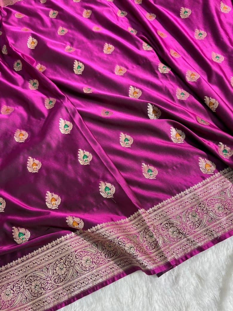 Magenta Pink Minakari Boota Satin Katan Silk Saree