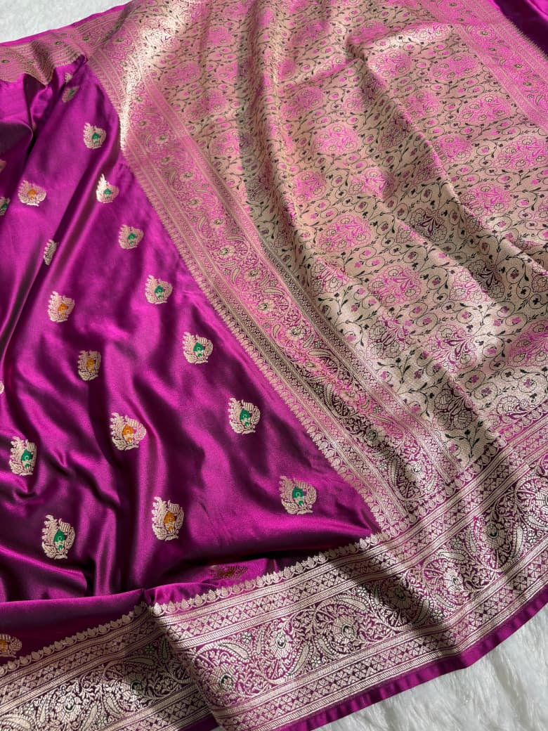 Magenta Pink Minakari Boota Satin Katan Silk Saree
