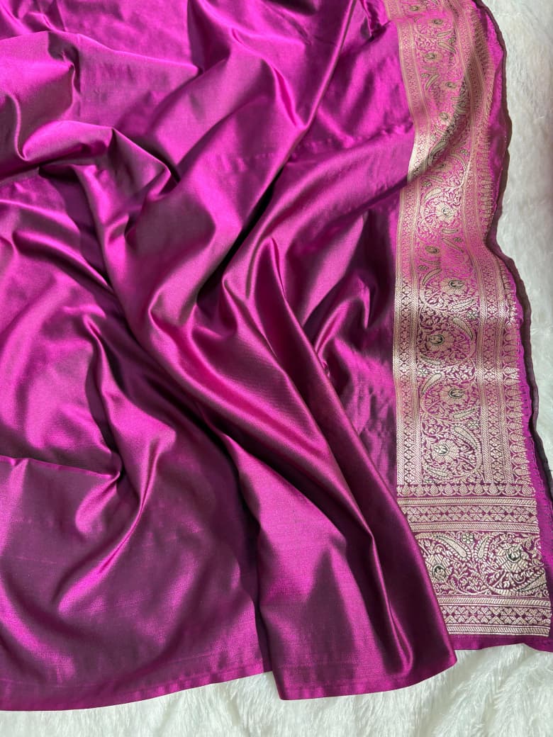 Magenta Pink Minakari Boota Satin Katan Silk Saree