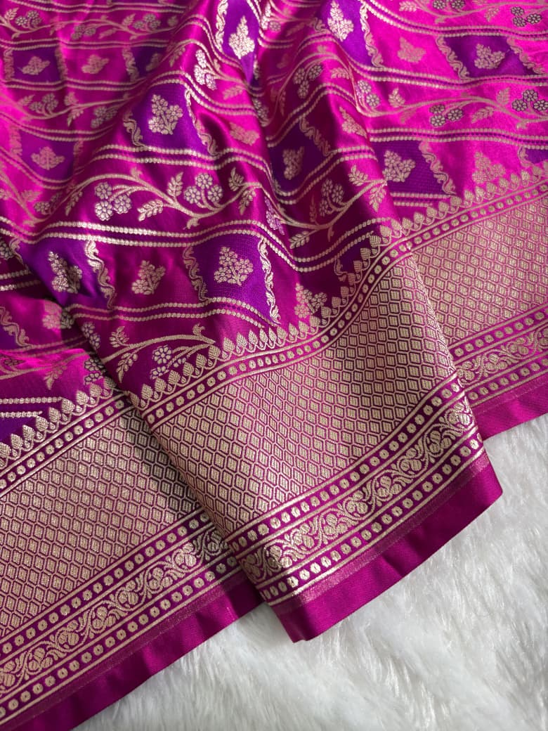 Rani-Pink Banarasi Buti Jaal Mashru Silk Saree