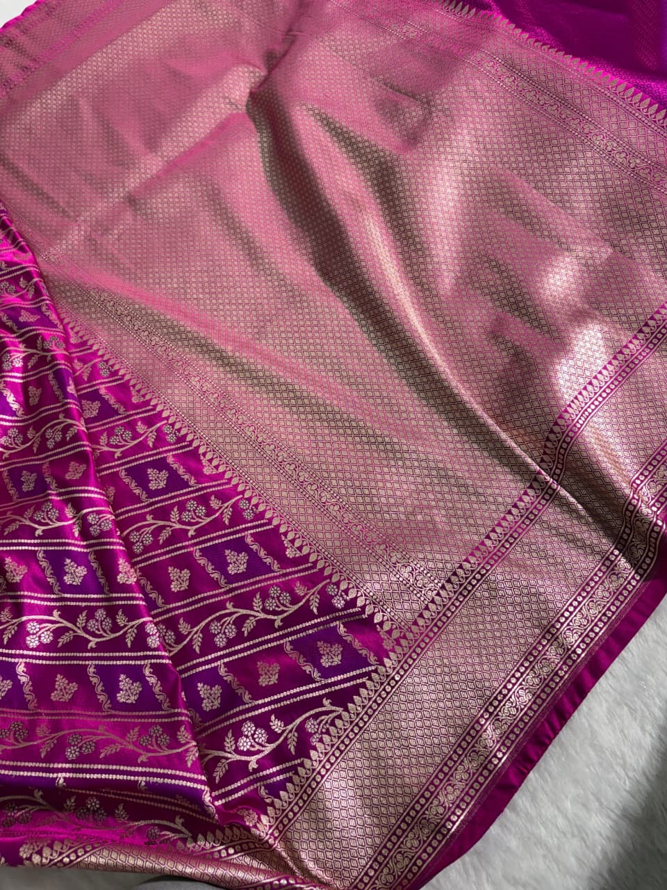 Rani-Pink Banarasi Buti Jaal Mashru Silk Saree