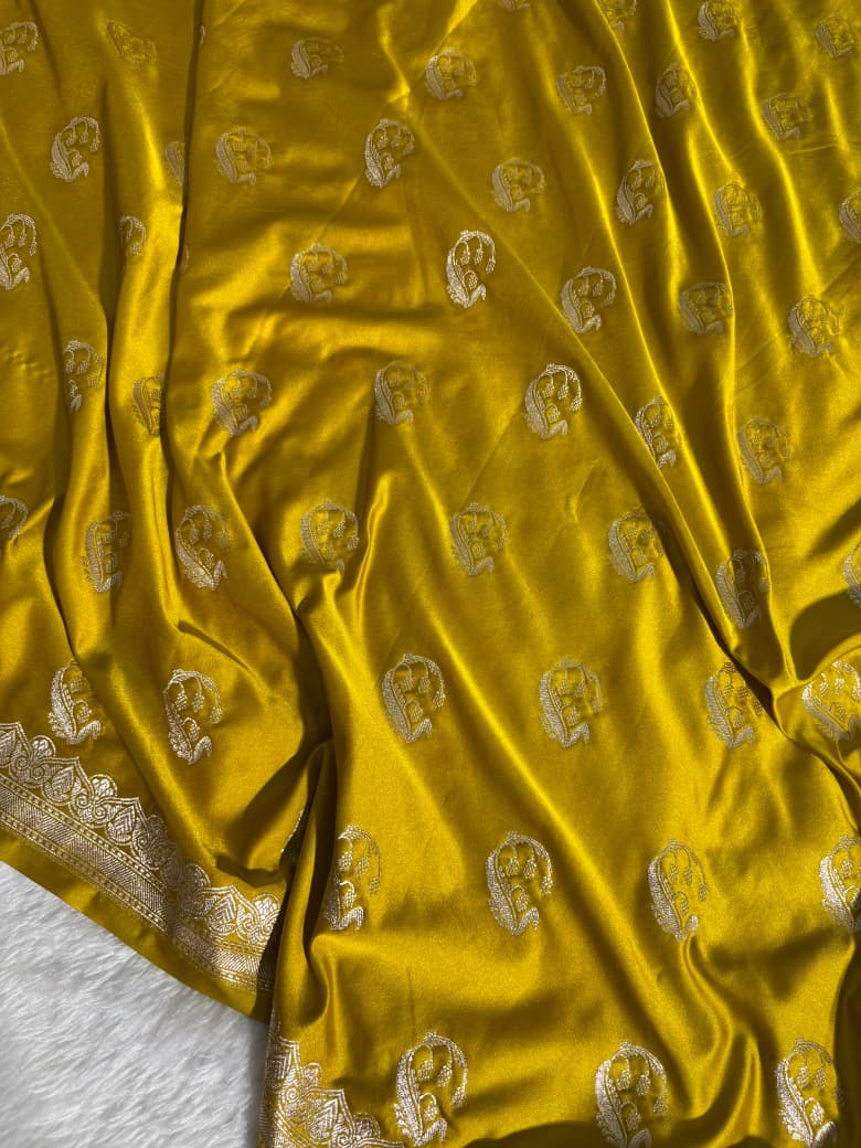 Mustard Yellow Banarasi Buta Motifs Mashru Silk Saree