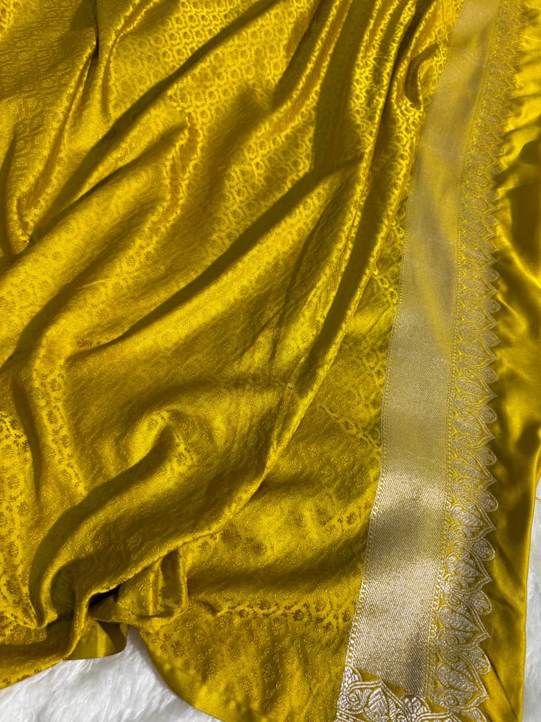 Mustard Yellow Banarasi Buta Motifs Mashru Silk Saree