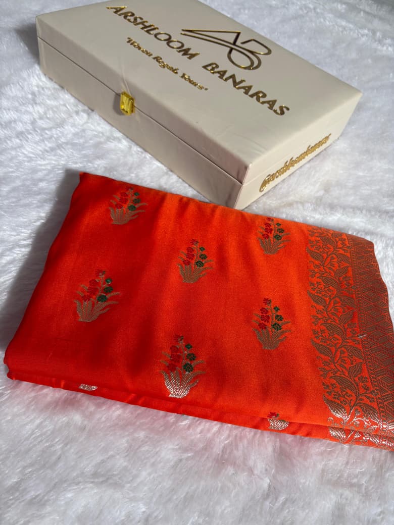 Minakari Orange Banarasi Floral Pattern Mashru Silk Saree