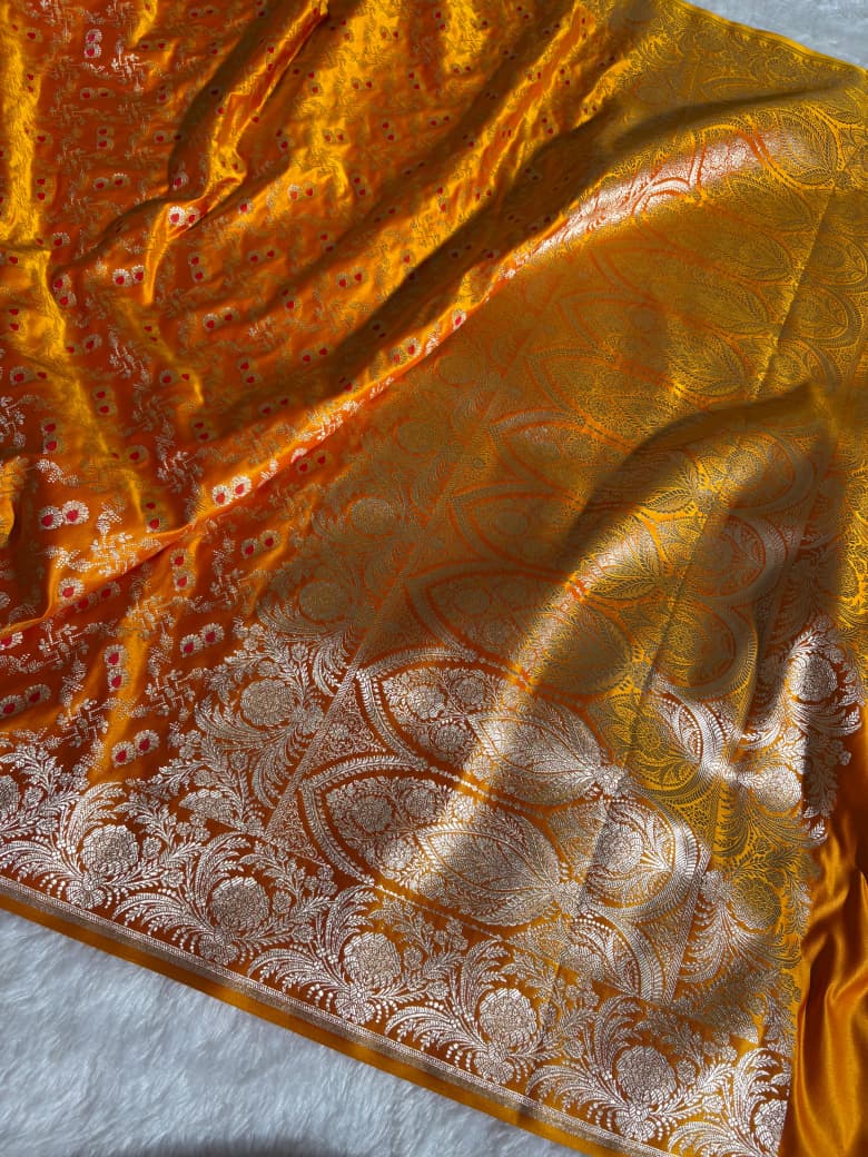 Sunset Mustard Banarasi Minakari Mashru Silk Saree