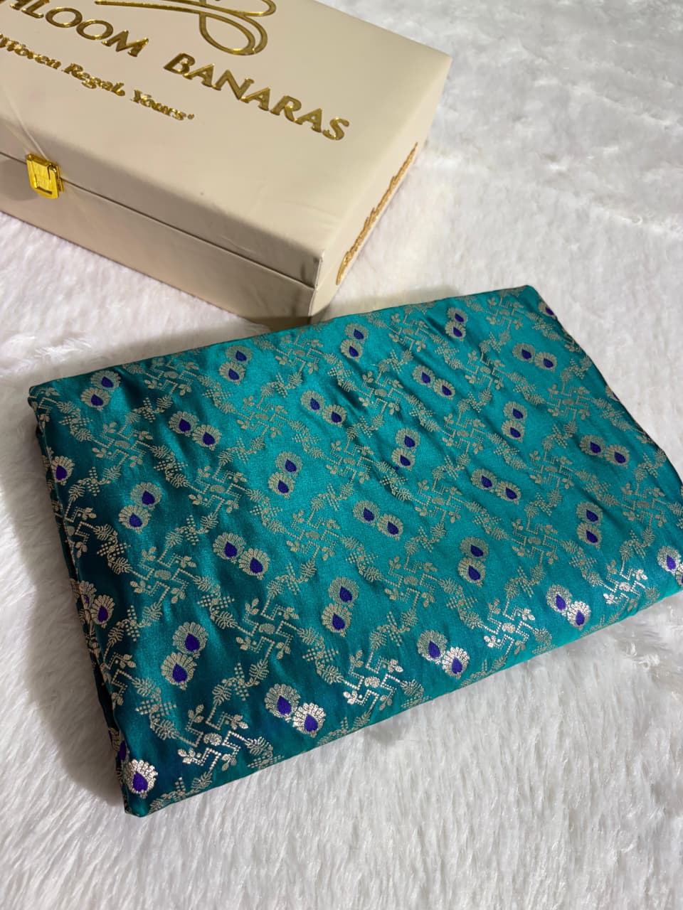 Minakari Banarasi Mashru Silk Saree in peacock green shade