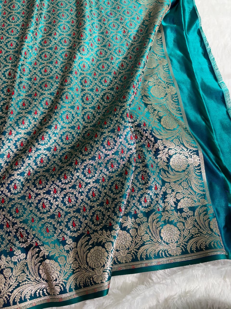 Minakari Banarasi Mashru Silk Saree in peacock green shade
