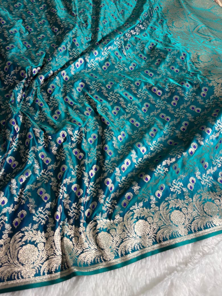 Minakari Banarasi Mashru Silk Saree in peacock green shade