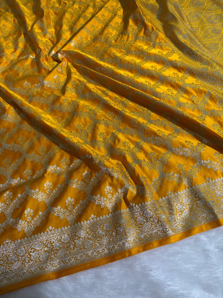 Mustard Yellow Floral Jaal Motifs Mashru Silk Saree
