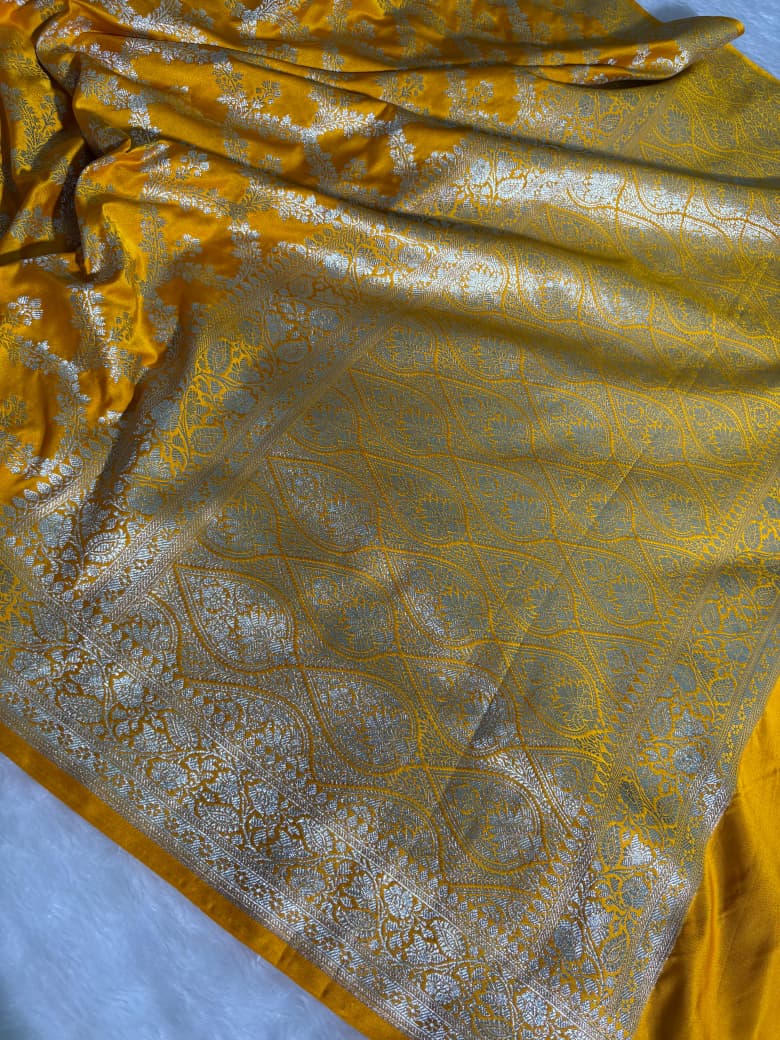 Mustard Yellow Floral Jaal Motifs Mashru Silk Saree