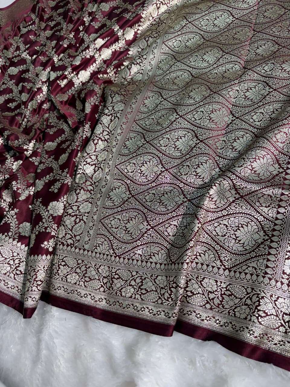 Wine Floral Jaal Pattern Mashru Silk Saree