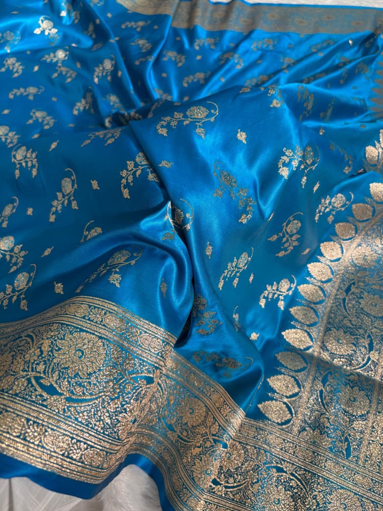 Banarasi Blue Shades Floral Pattern Satin Silk Saree