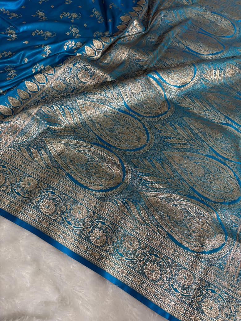 Banarasi Blue Shades Floral Pattern Satin Silk Saree