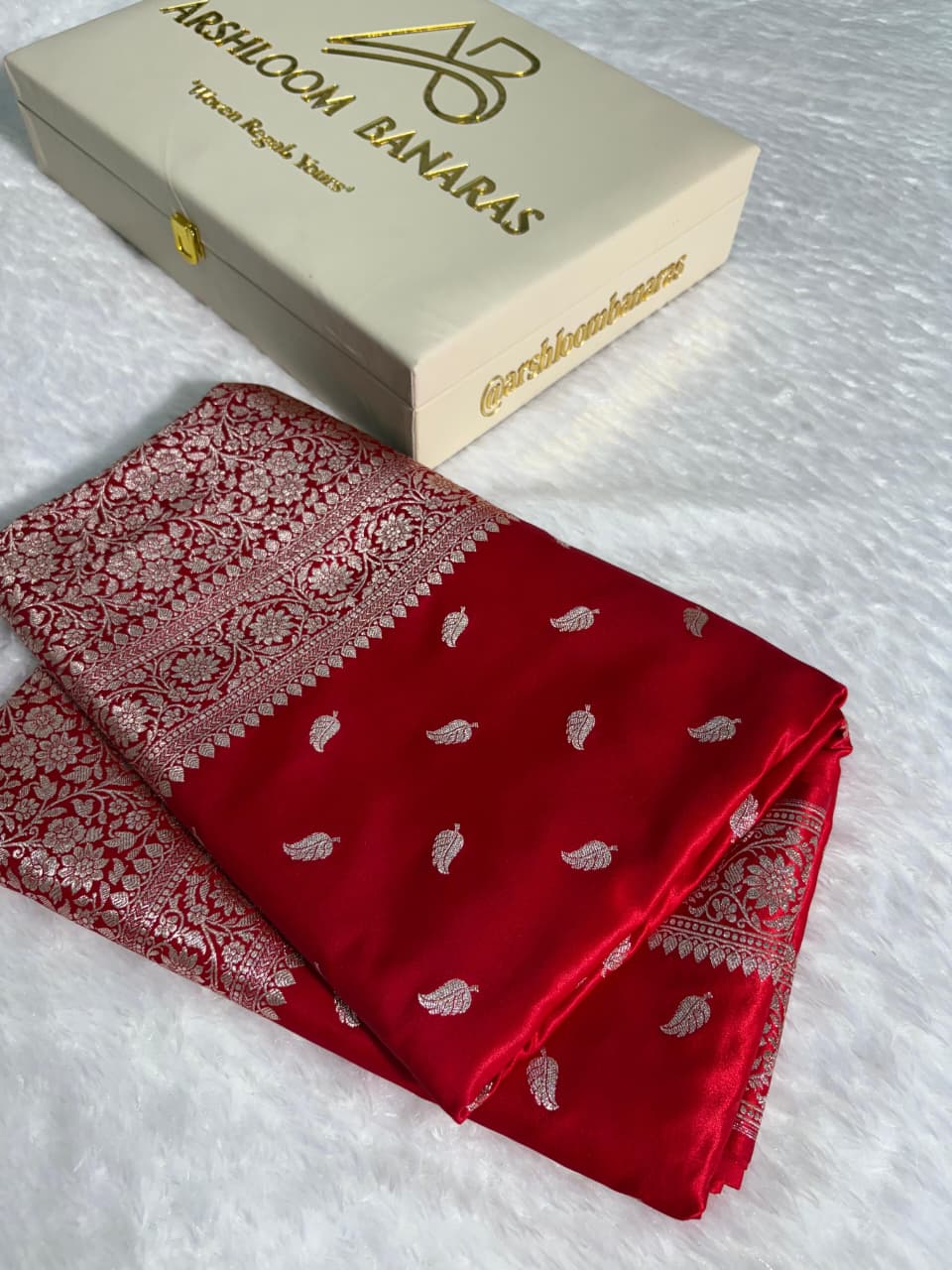 Red Leaf Pattern Satin Silk Saree