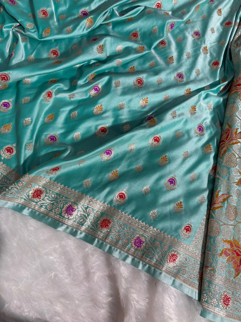 Sea-Green Minakari Boota Pattern Satin Katan Silk Saree