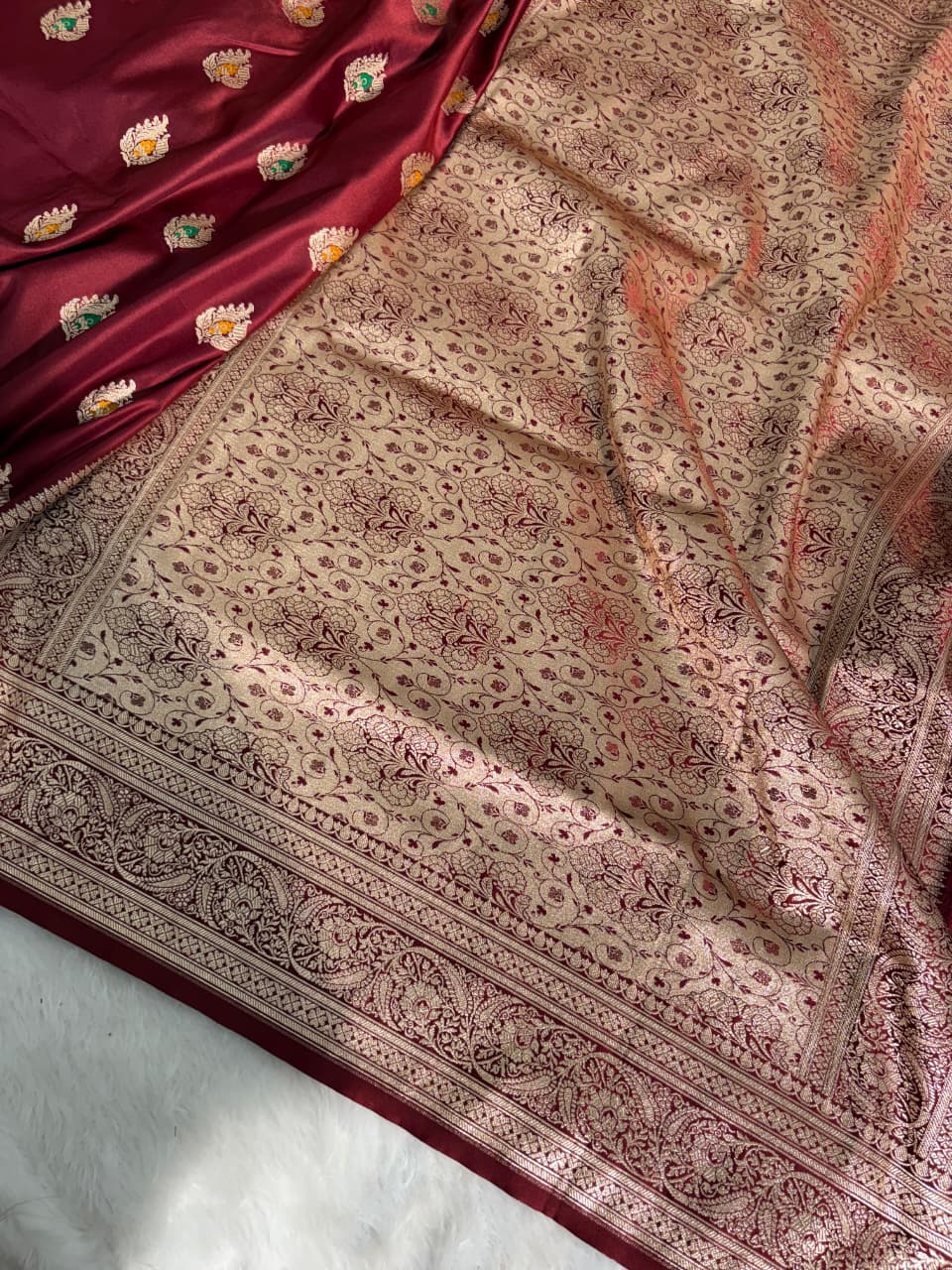 Deep Maroon Minakari Boota Pattern Mashru Silk Saree