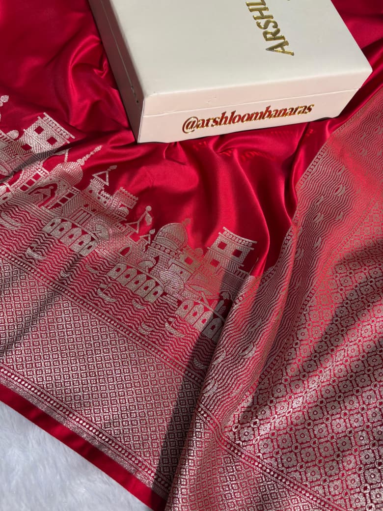 Red Banarasi Ghat Pattern Satin Katan Silk Saree