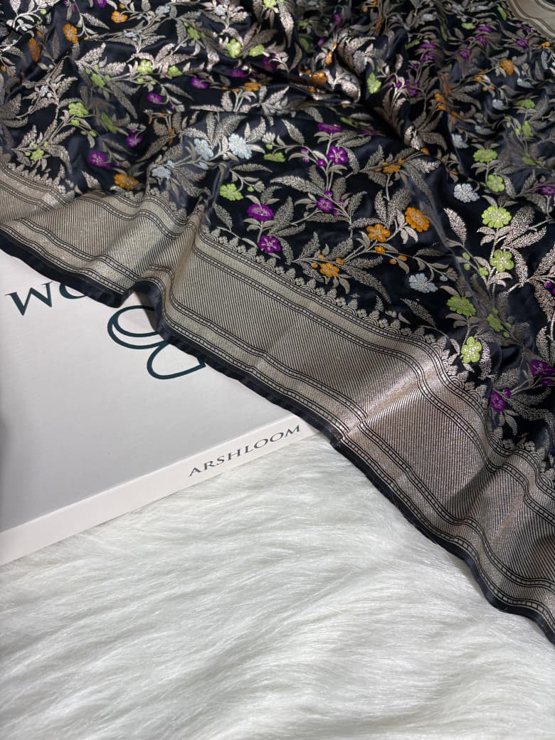 Minakari Black Banarasi Mashru Silk Saree