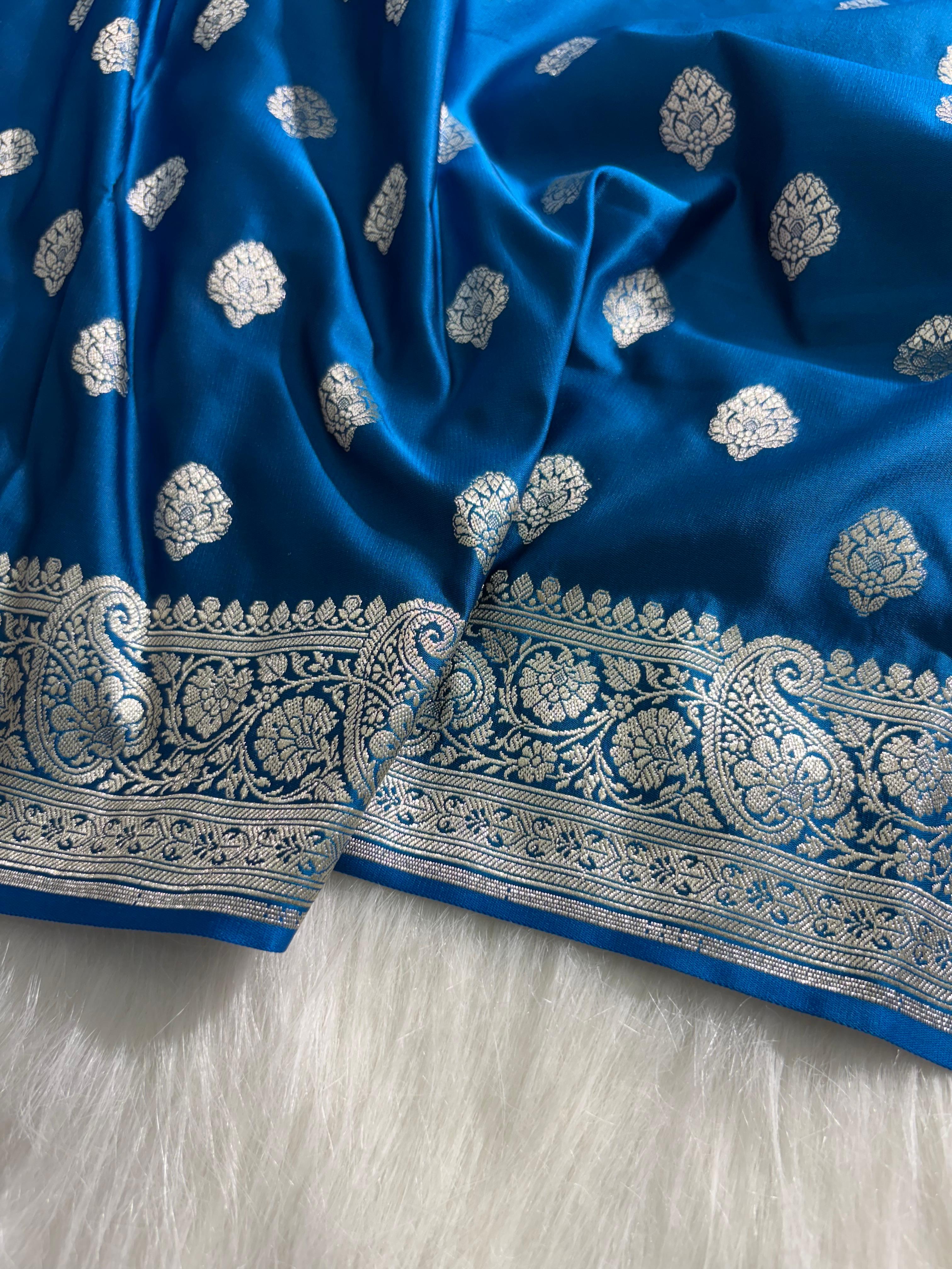 Peacock Blue Satin Katan Silk Saree