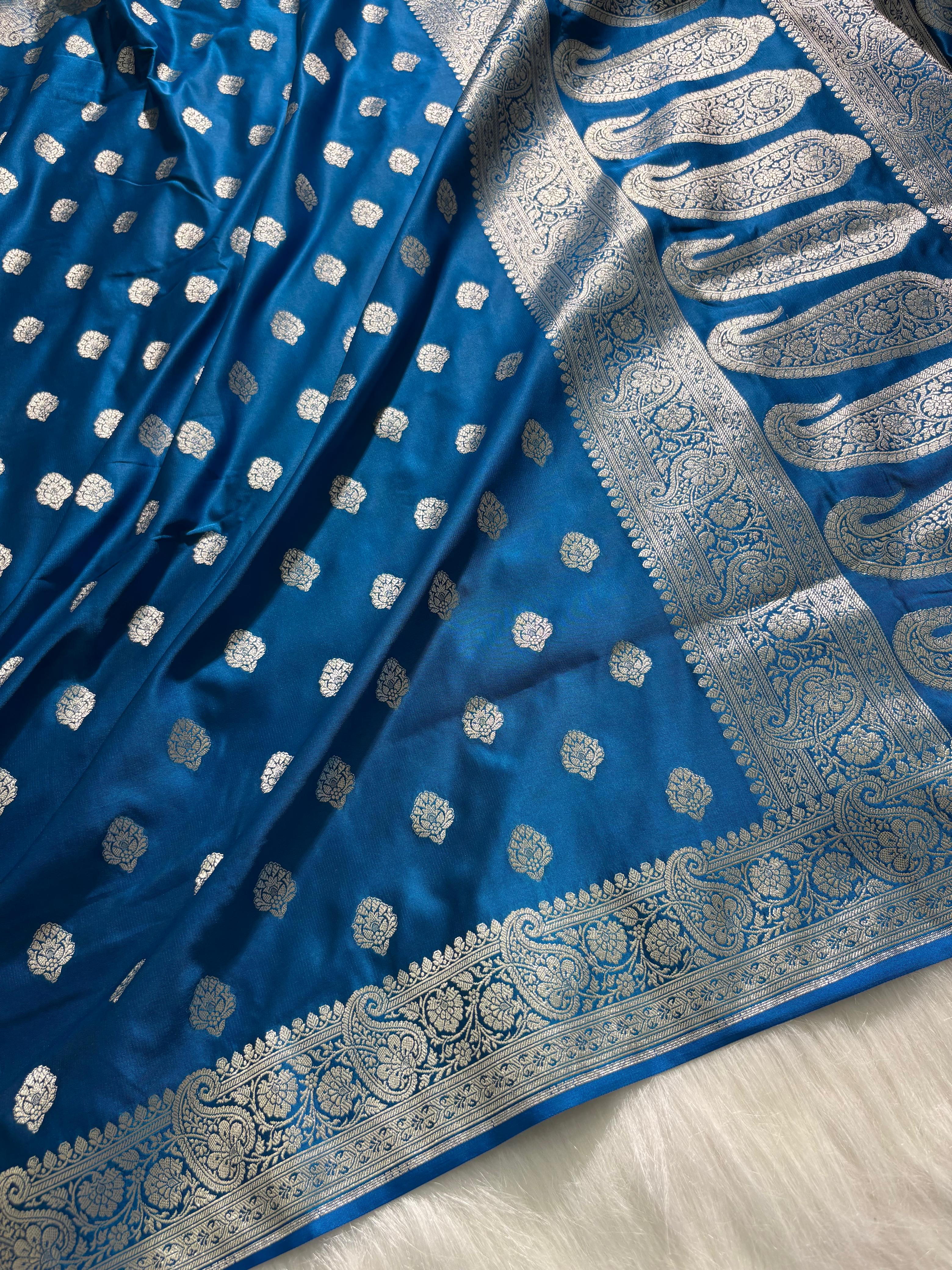 Peacock Blue Satin Katan Silk Saree