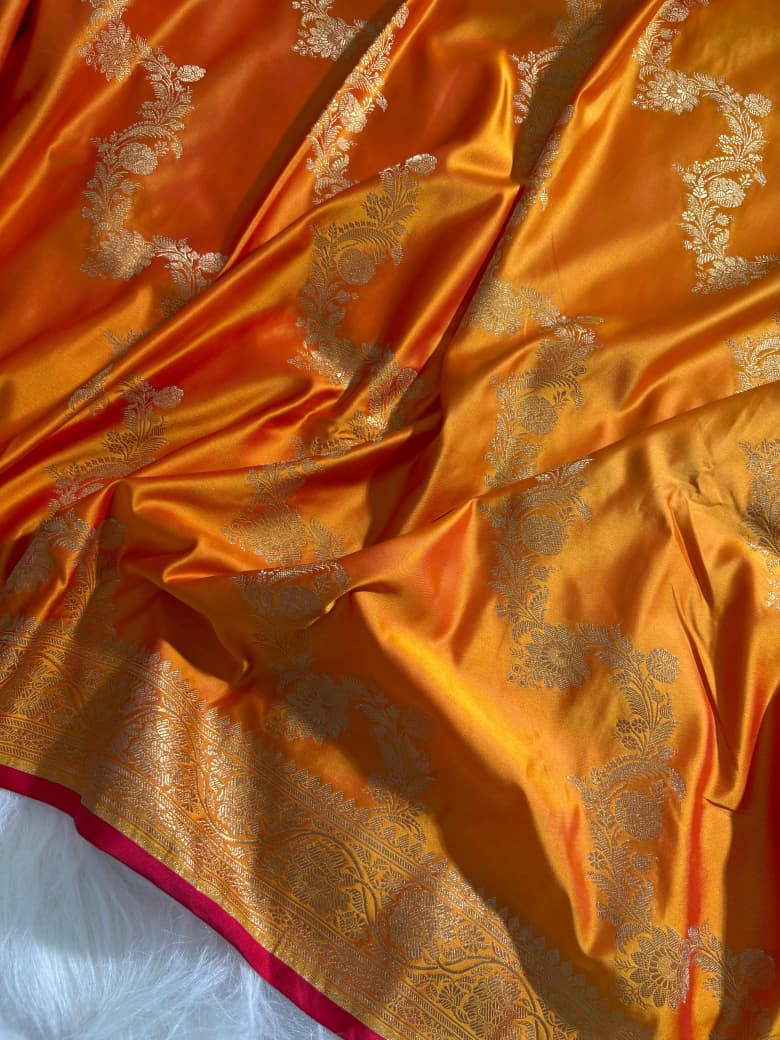 Mustard Floral Cross Jaal Pattern Mashru Silk Saree