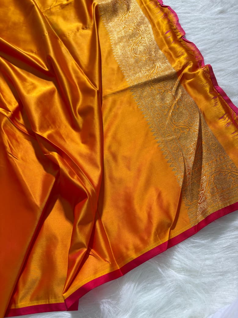 Mustard Floral Cross Jaal Pattern Mashru Silk Saree