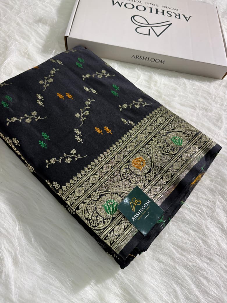 Black Floral Minakari Mashru Silk Saree