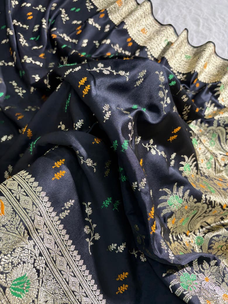 Black Floral Minakari Mashru Silk Saree