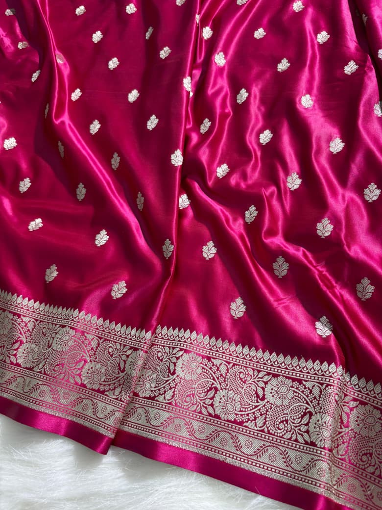 Rani Floral Booti Pattern Satin Katan Silk Saree