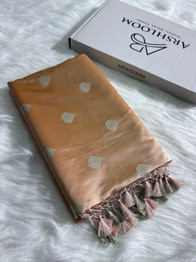 Caramel Beige Floral Booti Satin Katan Silk Saree