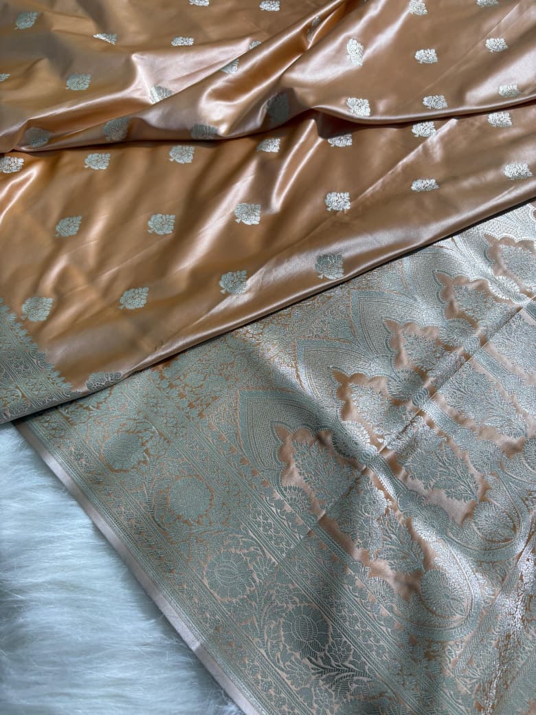 Caramel Beige Floral Booti Satin Katan Silk Saree
